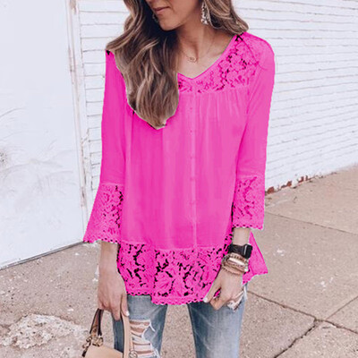 

Women Casual Tops V-Neck Lace Splicing Three-quarter Sleeve Casual Boho Shirt