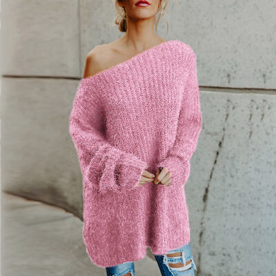 

Autumn Winter Women Fashion Casual Solid Color Long Sweater Long Sleeve Off Shoulder Loose Knit Tops Sweater