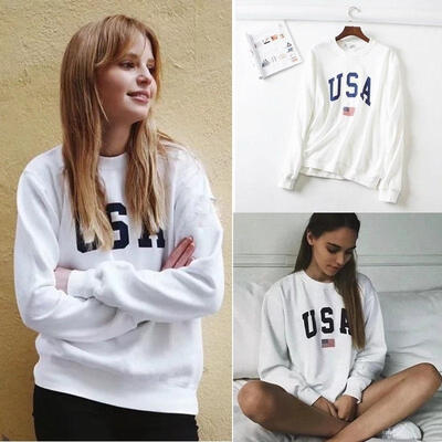 

Womens USA Long Sleeve Hoodie Sweatshirt Jumper Hooded Pullover Tops Blouse Coat