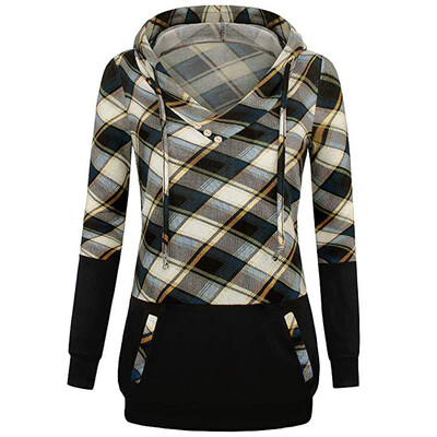 

Starmoon Women Long Sleeve Plaid Pullover Color Block Hooded Kangaroo Pockets Shirt Top