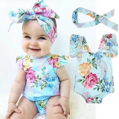 

Newborn Baby Girls Clothes Flower Jumpsuit Romper Bodysuit Headband Outfits