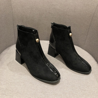 

Autumn Korean version of rough-heeled Martin boots high-heeled boots short boots rivets all-round female boots&bare boots
