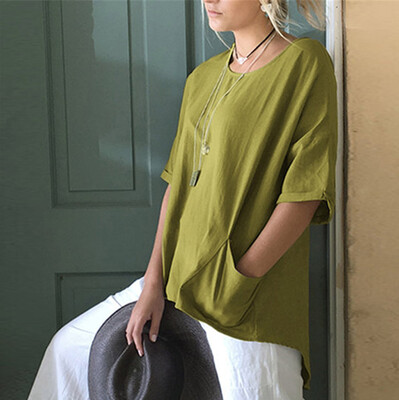 

Starmoon Women Casual Summer Irregularity O-Neck Short Sleeves Pocket Top T-Shirt Blouse