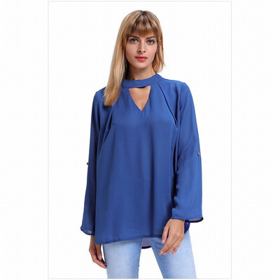 

V-neck long-sleeved mesh solid color shirt casual straight top