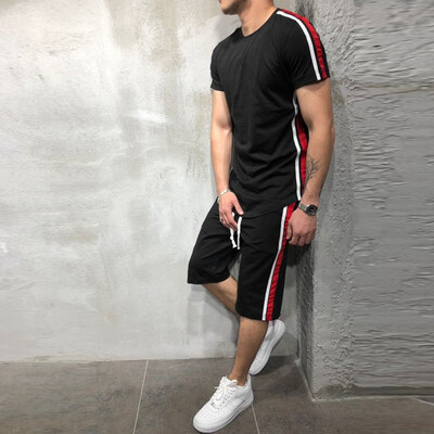 

Toponeto Mens Summer Leisure Stripe Color Collision Short Sleeve Shorts Sports Thin Sets