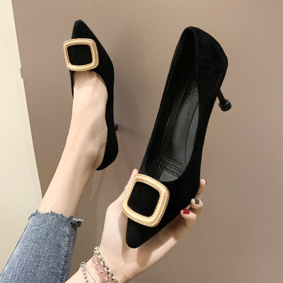 

Black suede high heels pointy heels medium heels&elegant Joker OL job interview womens shoes