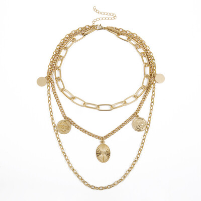 

3 Multi Layer Long Adjustable Chain 5 Pendant Choker Necklace Fashion Coin Rune Queen Jewelry Female Women Gift 2019