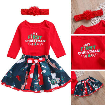 

US Christmas Red RomperSkirts Outfits 3PCS MY FIRST CHRISTMAS Set For Girl Baby