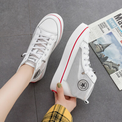 

Summer high-top white womens shoes 2019 Joker white shoes net red summer tide shoes net surface breathable board shoes summer net