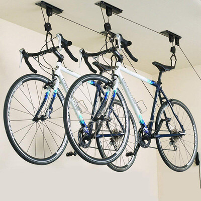 

Bicycle Lift Ceiling Mounted Hoist Storage Garage Bike Hanger Save Space Roof Ceiling Pulley rack Wall Mounted set Steel