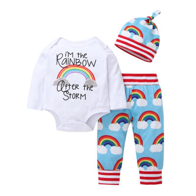 

3pcs Cute Casual Autumn Clothing Set Rainbow Print Baby Rompers Pants Hat