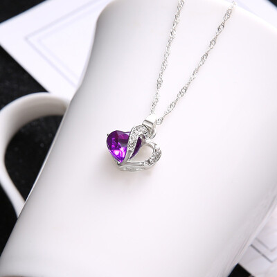 

Blue Crystal Love Heart Birthstone Zirconia Necklace For Women Bridal Long Chain Wedding Necklace Silver Pendant Jewelry 2019