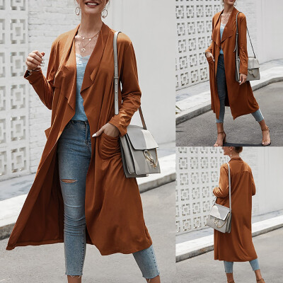 

Toponeto Women Hooded Solid Color Cardigan Irregular Buckskin Long Sleeve Cardigan Coat