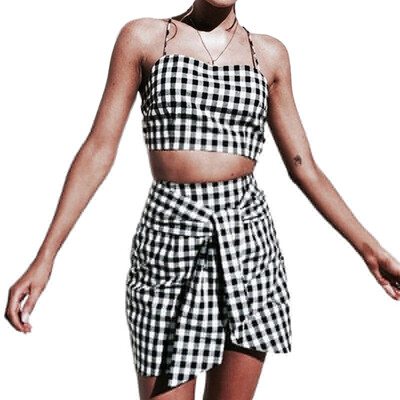 

Women Summer Fashion Sexy Concise Casual All-match Plaid Lace-up Backless Dress Set