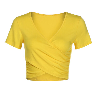 

Nomeni Womens Deep V Neck Short Sleeve Cross Wrap Slim Fit Casual Crop Tops Blouse