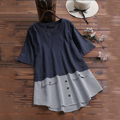 

Women Tops Summer Short Sleeve Round Neck Button Splice Slim Fit Baggy Blouse