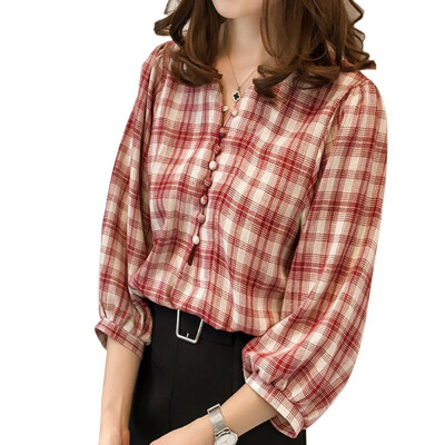 

Ladies Plaid Loose T Shirt Women V-Neck Print Three Quarter Lantern Sleeve T-shirt Female casual t shirt