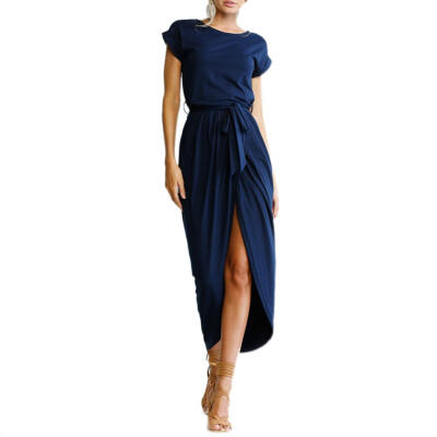 

Casual Short Sleeve Women Long Dress High Split Irregular Solid Color Dress