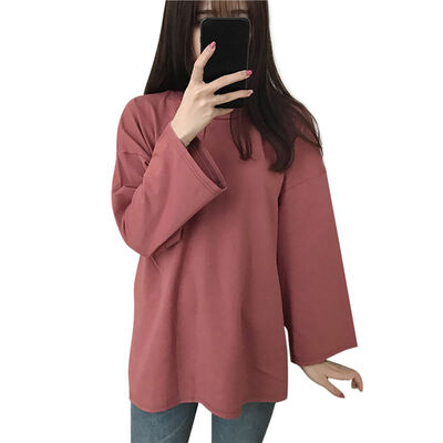 

Autumn T-shirt Women Solid Color Long Sleeve O-Neck Regular Vintage Halajuku Loose Casual Female Basic Tops