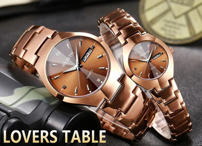 

2 PCS watches for man&woman steel band date week quartz luxury couples lovers watch coffee gold fashion clock gift