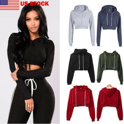 

Women Hoodie Sweatshirt Jumper Sweater Crop top Coat Sports Pullover Tops -XL