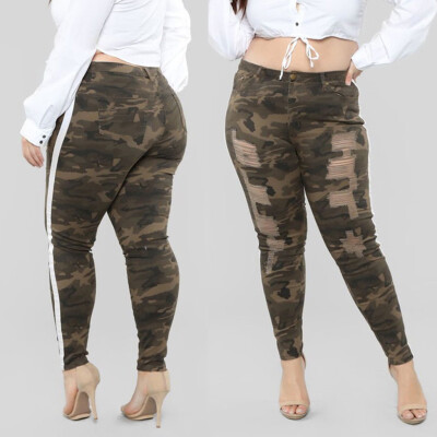 

Gobestart Fashion Women Plus Size Hole Camouflage Printing Denim Stripe Splice Jeans Pants