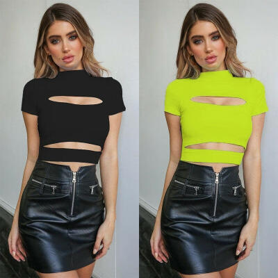 

Women&39s Short Sleeve Crop Top Ladies Stretch Hollow Out High Neck Blouse