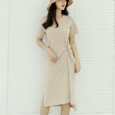 

Fashion Simple Casual Solid Color Womens Dress Slim Plus Size Short Sleeve Round Neck Split Dress