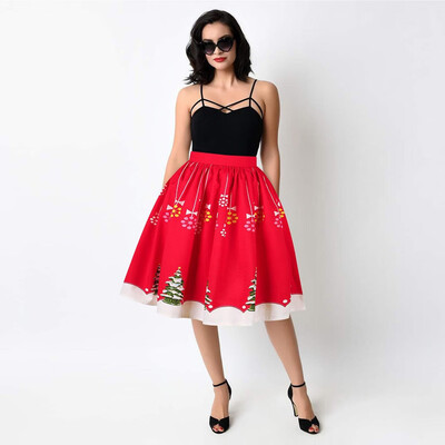 

Gobestart Christmas Fashion Women Santa Digital Printed Stretchy Flared A Line Skirt