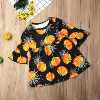 

Toddler Baby Girls Halloween Dress Kids Girl Long Sleeve Ghost Pumpkin Grimace Cartoon A-line Dress