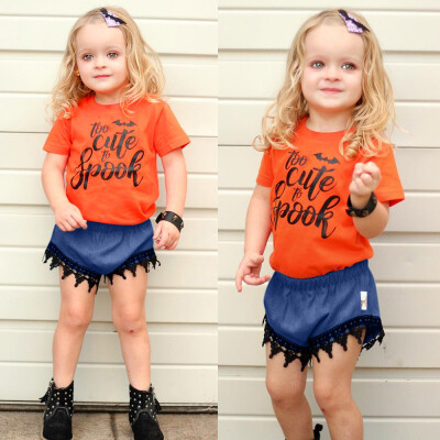 

Toddler Kids Baby Girl Letter T-shirt Tops Lace Shorts Halloween Clothes Set