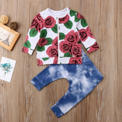 

New 2PCS Cute baby Newborn Girl Outfits Clothes Floral Shirt Tops Destroyed Jeans