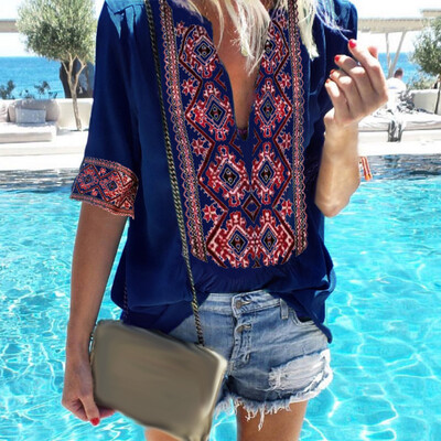 

Boho Womens V Neck Loose Blouse Shirt Ethnic Bohemian Print T-shirt Tops Shirt