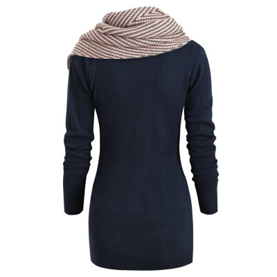 

Toponeto Women Striped Buttons Scarf Skew Neck Long Sleeve Knitted Sweater Pullover Coat