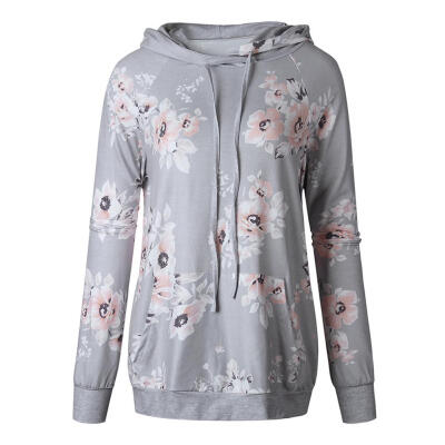 

Autumn Slim Fit Fashion Floral Print Women Hoodies Drawstring Pullover Tops