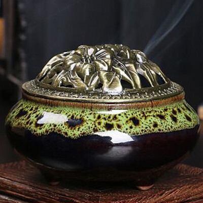

Ceramic Ice Crack Porcelain Aromatherapy Diffuser Sandalwood Censer With Copper Cover For Buddhist Relax Porcelain Incense Burner