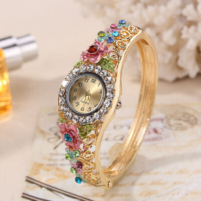

Explosion retro cloisonne 3D flower open womens wrist watch ladies fashion luxury bracelet quartz watch