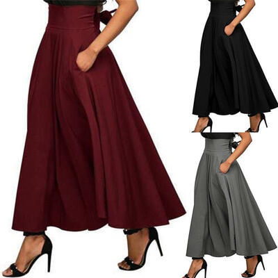 

Vintage Women Stretch High Waist Plain Skater Flared Pleated Long Skirt Dress