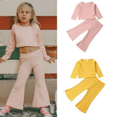 

Baby Girl Autumn Long Sleeve Solid T-Shirt Cotton Top Wide Leg Pants Toddler Kid Clothes Set