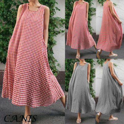 

UK Womens Holiday Strappy Long Dresses Ladies Summer Beach Plaid Sun Dress Skrit