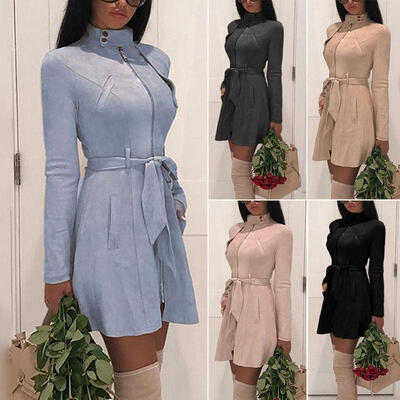 

Goodlook Long Sleeve Tops Trench Mac Coat for Women Ladies Fashion Slim Zipper Belted Velvet Jacket