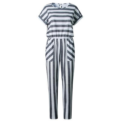 

Loose O-Neck Simple Fashion Stripe Jumpsuit High Waist Pockets Women Pants