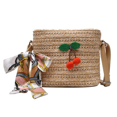

Straw Small Shoulder Handbags Women Cherry Decor Crossbody Top-handle Bags