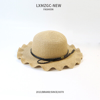 

Childrens new straw hat outdoor sunscreen sunhat baby twist leather belt wavy brim hat