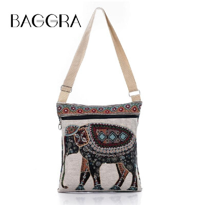 

Retro Women Canvas Crossbody Bag Embroidered Elephant Print Zipper Shopping Travel Shoulder Bag