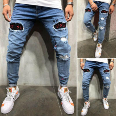 

US Mens Jeans Long Pants Denim Skinny Ripped Frayed Slim Fit Biker Work Leggings