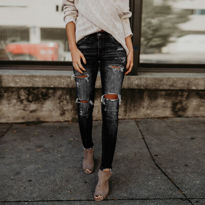 

Tailored Women Hight Waisted Skinny Hole Denim Jeans Stretch Slim Pants Calf Length Jeans