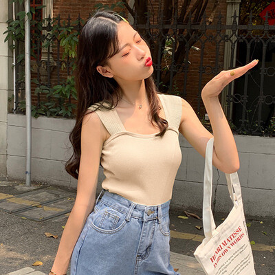 

Womens Sexy Square Collar Solid Sleeveless Pullover Knitted Tank Top