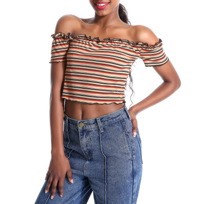 

Nomeni Women Off Shoulder Stripe Ruffled Short Sleeve Casual T-Shirt Tops Blouse Vest