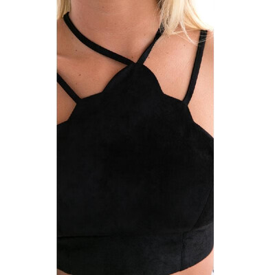 

Women Suede Crop Top Cross Hollow Out Bustier Bralette Lace Up Backless Camis Vest BlackCamel